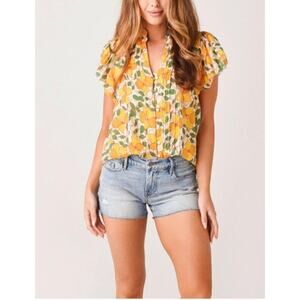 TROVATA Birds of Paradis Sz S Small Yellow Floral Print Top Cate Blouse